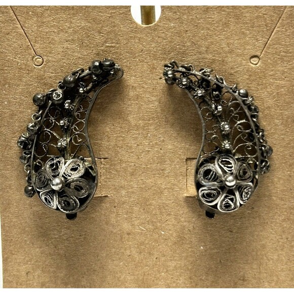 Vintage Oxidized Sterling Silver Earrings Filigree Clip On Climbers Wings Leaf - Picture 9 of 10